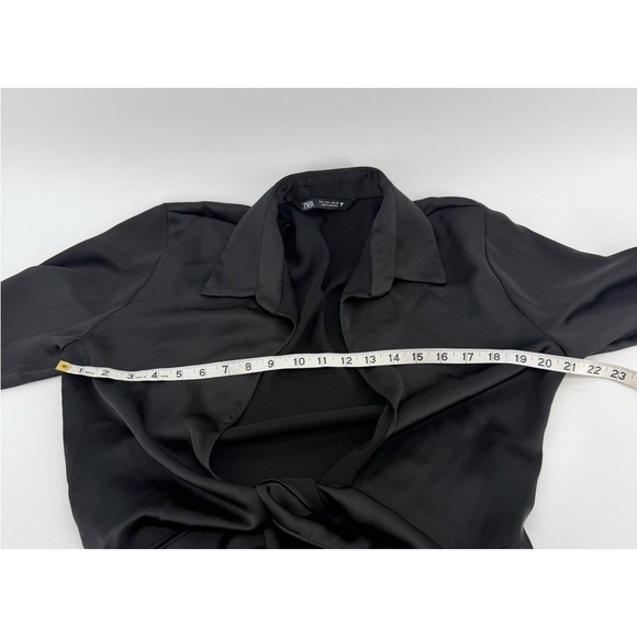 Zara Womens Black Satin Cropped Tie Front Long Sleeve Collared Blouse Size L - Picture 4 of 6